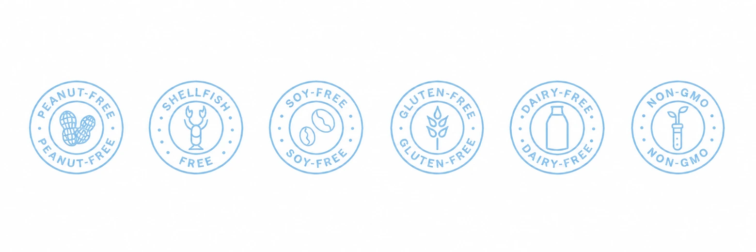 Peanut-free, shellfish-free, soy-free, gluten-free, dairy-free, non-GMO